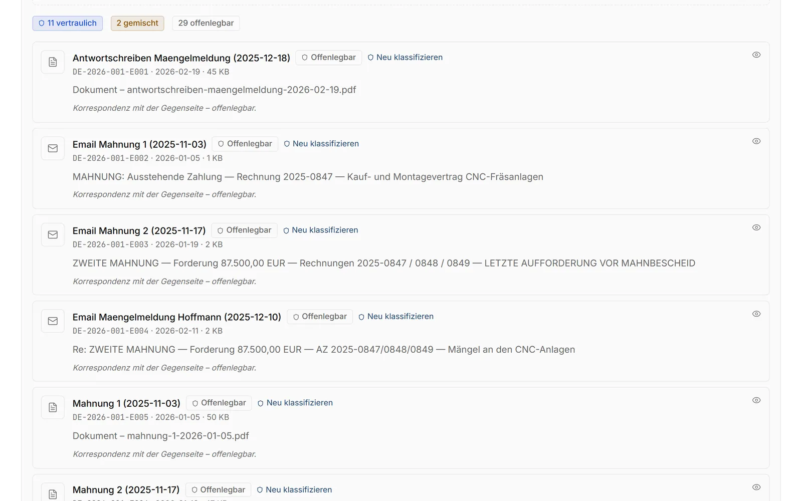 Beweisverzeichnis einer Akte: Jedes Dokument ist als vertraulich, gemischt oder offenlegbar eingestuft, und neben jedem steht die Schaltfläche „Neu klassifizieren“